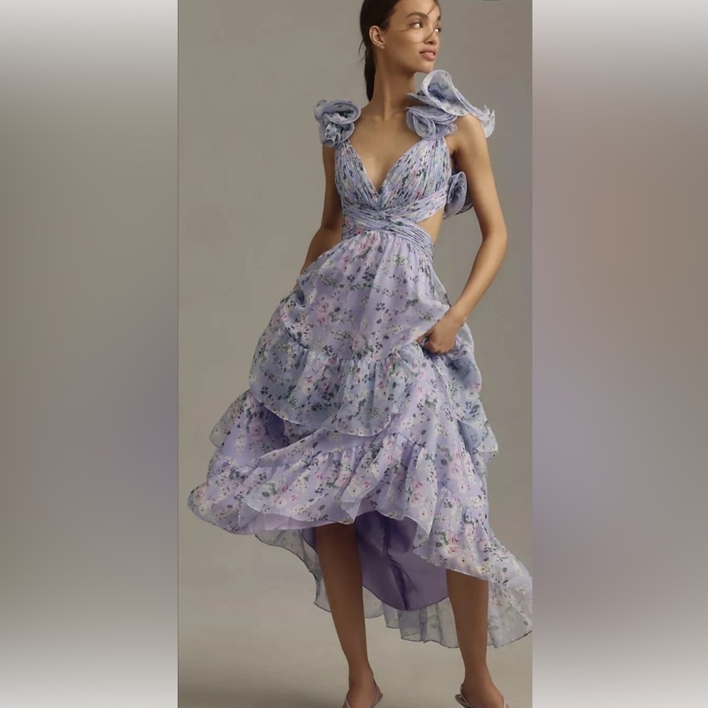 Mac Duggal Purple Ruffled Sundress with Plunge Neckline